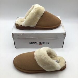 Minnetonka Shar Scuff Cinnamon Suede Faux Fur Slippers 40874 Womens Size 9M NEW